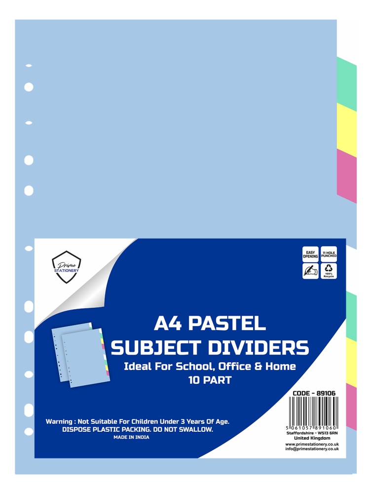 Prime A4 Pastel Subject Dividers 10 Part